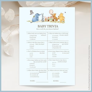 Blue Classic Winnie the Pooh Baby Shower Game Baby Trivia Printable Template, A Little Hunny is on the Way, Vintage Pooh Bear, Baby Boy