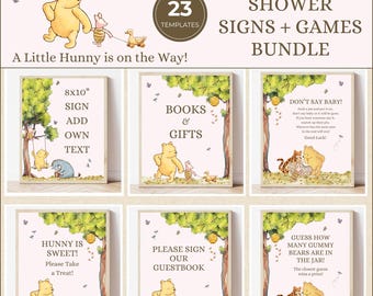 Pink Classic Winnie the Pooh Baby Shower 23 Signs & Games Bundle Printable Templates, A Little Hunny is on the Way, Vintage Pooh Bear Decor