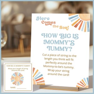 Here Comes the Son Theme Vintage Baby Shower How Big is Mommy's Tummy String Game Sign Printable Templates, Editable Boho Boy Decor, Retro