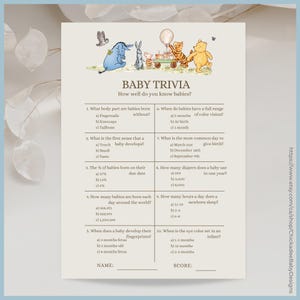 Beige Classic Winnie the Pooh Baby Shower Game Baby Trivia Printable Template, A Little Hunny is on the Way Vintage Pooh Bear Gender Neutral