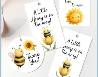 A Little Honey is on the Way Bee Theme Baby Shower Favor Tag Set Printable Templates, Personalized Gift Tag, Editable Thank You