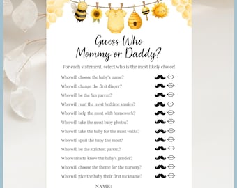 A Little Honey is on the Way Bee Theme Baby Shower Game - Guess Who Mommy or Daddy Printable Template, Editable Sunflower Activity