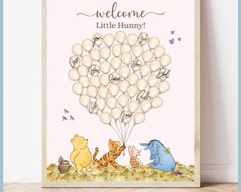 Pink Classic Winnie the Pooh Baby Shower Please Sign a Balloon Signature Guestbook Signs, Printable Templates, A Little Hunny is on the Way