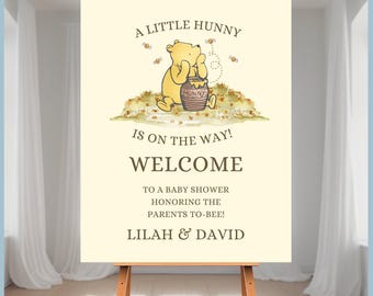 Classic Winnie the Pooh Baby Shower Welcome Sign Set Printable Templates, A Little Hunny is On the Way, Vintage Pooh Bear Decor, Neutral