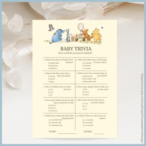 Classic Winnie the Pooh Baby Shower Game - Baby Trivia Printable Template, A Little Hunny is on the Way,  Vintage Pooh Bear, Gender Neutral