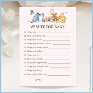 Pink Classic Winnie the Pooh Baby Shower Game Wishes For Baby Printable Template, A Little Hunny is on the Way, Vintage Pooh Bear, Baby Girl