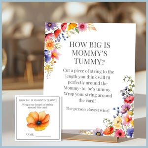 Baby in Bloom Theme Baby Shower How Big is Mommy's Tummy String Game Sign, Printable Templates, Spring Floral Wildflower Decor, Wild Flower