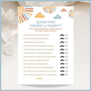 Here Comes the Son Theme Vintage Baby Shower Game - Guess Who Mommy or Daddy Printable Template, Editable, Boho Sunshine Retro Sun Boy Party