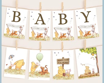 White Classic Winnie the Pooh Baby Shower Bunting Banner Sign Printable Template A Little Hunny is on the Way, Pooh Bear Decor Alphabet Flag