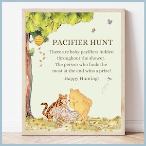 Green Classic Winnie the Pooh Baby Shower Pacifier Hunt Game Sign Printable Template, A Little Hunny is on the Way, Vintage Pooh Bear Decor