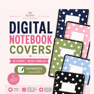May include: A collection of digital notebook covers featuring polka dot patterns in navy, pink, olive green, light blue, and black. Each cover includes a white rectangular label area. The text reads PREPPY PLAYBOOK DIGITAL NOTEBOOK COVERS.