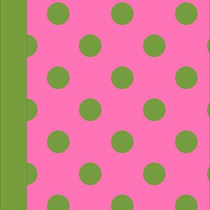 May include: A notebook with a bright pink cover featuring a repeating pattern of solid olive green polka dots. The spine of the notebook is a solid olive green vertical strip that runs along the left side of the front cover.