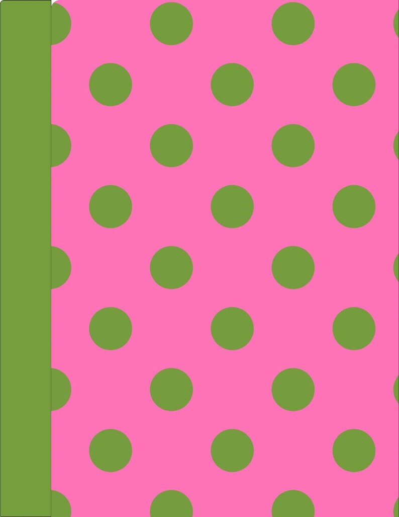 May include: A notebook with a bright pink cover featuring a repeating pattern of solid olive green polka dots. The spine of the notebook is a solid olive green vertical strip that runs along the left side of the front cover.