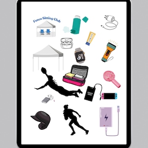 May include: Digital illustration with softball-related graphics and accessories. Includes a tent, inhaler, smartwatch, power bank, and a baseball cap. The text "SOFTBALL DECO" is at the top of the image.