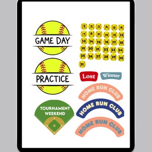 May include: Digital softball-themed design elements. Features include yellow softball graphics with the text "Game Day" and "Practice." Also includes calendar numbers, "Lost" and "Winner" labels, and "Home Run Club" designs.