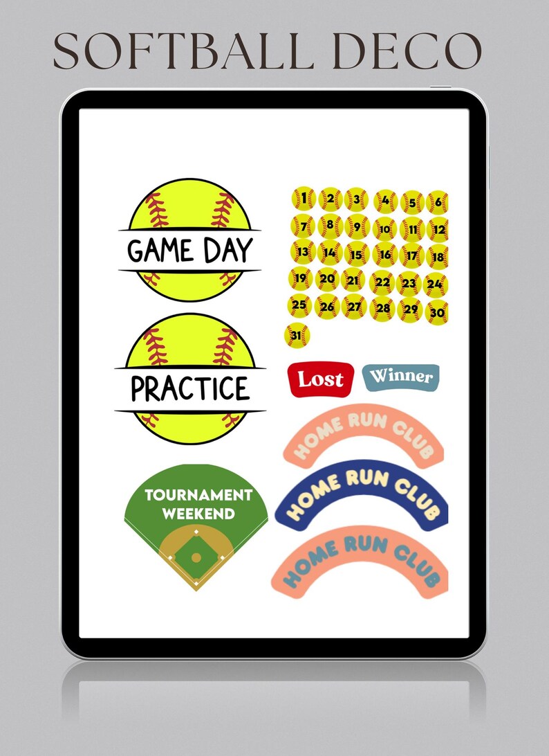 May include: Digital softball-themed design elements. Features include yellow softball graphics with the text "Game Day" and "Practice." Also includes calendar numbers, "Lost" and "Winner" labels, and "Home Run Club" designs.