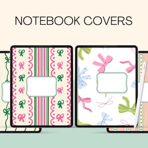 May include: Notebook covers with various designs. One features green bows on a cream background, another has pink and green stripes with bows, a third showcases pink and blue bows, and the last has pink hearts and stripes. The text "NOTEBOOK COVERS" is at the top.