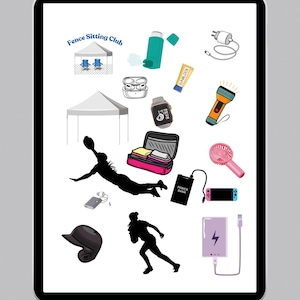 May include: Digital illustration with softball theme. It includes a baseball cap, running silhouettes, a tent, a smartwatch, a power bank, a portable fan, a game console, and other accessories. The text "SOFTBALL DECO" is at the top of the image.