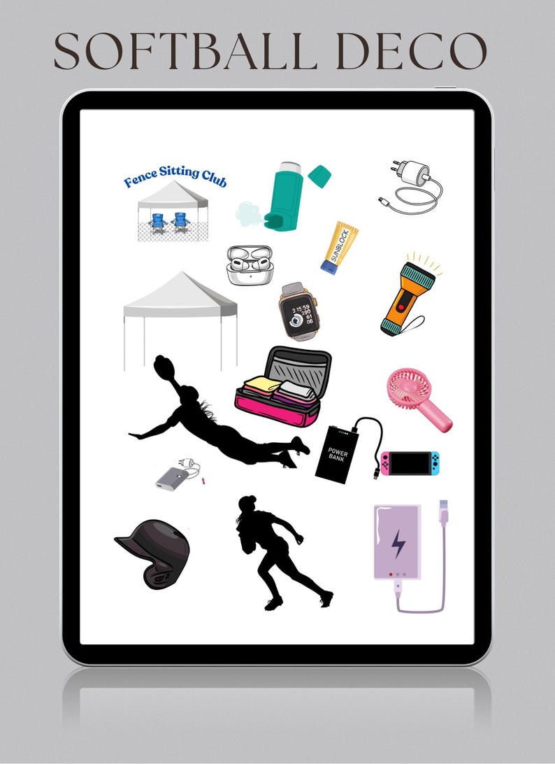 May include: Digital illustration with softball theme. It includes a baseball cap, running silhouettes, a tent, a smartwatch, a power bank, a portable fan, a game console, and other accessories. The text "SOFTBALL DECO" is at the top of the image.