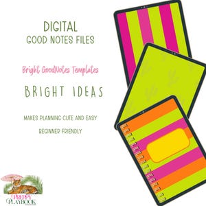 Pode incluir: Arquivos digitais Good Notes com modelos brilhantes e ideias brilhantes. A imagem mostra três cadernos digitais com designs coloridos. Um tem listras rosa e verdes, outro é verde com formas de cactos e o terceiro tem listras laranja, rosa e verdes.