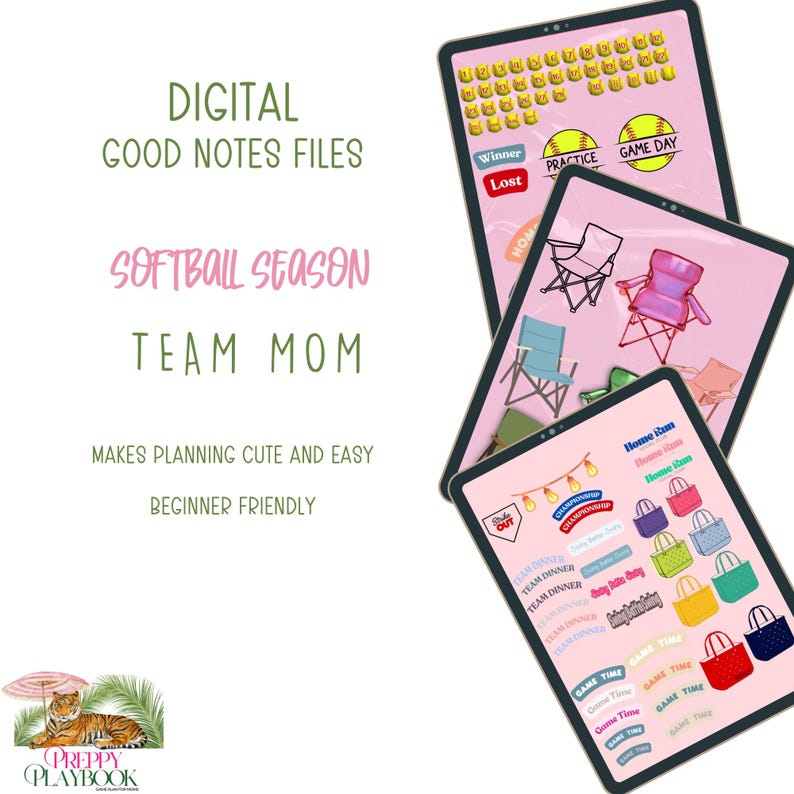 May include: Digital Good Notes files for softball season team moms. The image shows three tablets with pink backgrounds, featuring icons of chairs, bags, and game day elements. Text includes "Makes planning cute and easy" and "Beginner friendly."