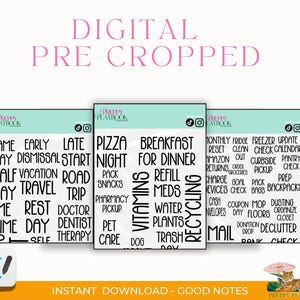 May include: Digital pre-cropped planner stickers with various words and phrases for organization. Includes words like "pizza," "vacation," and "recycling." The stickers are designed for use with Good Notes.