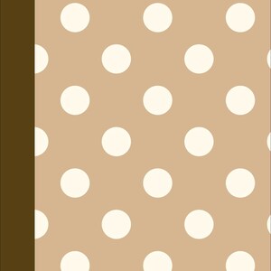 May include: A notebook cover featuring a repeating pattern of off-white polka dots on a light tan background, with a solid dark brown vertical spine strip running along the left edge of the rectangular surface.