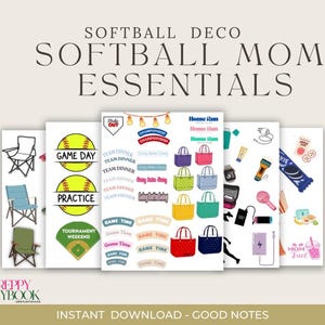 Könnte beinhalten: Ein digitaler Druck mit Softball-Motiven und Text. Das Design umfasst Illustrationen eines Baseballs, Stühle, Handtaschen und Texte wie "Game Day", "Practice" und "Softball Mom Essentials". Die Farbpalette umfasst Grün-, Gelb-, Blau- und Rosatöne.