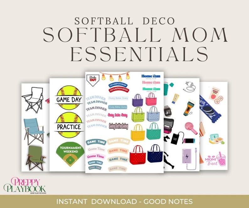 May include: A selection of digital graphics with a softball theme. The designs feature softball-related text, baseballs, handbags, chairs, and other accessories. Text includes "Softball Mom Essentials", "Game Day", and "Practice".