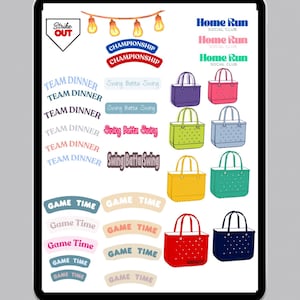 May include: A digital display with softball-themed designs. The image includes text such as "SOFTBALL DECO", "Strike Out", "Team Dinner", and "Home Run". There are also illustrations of handbags in various colours and text that says "Game Time".