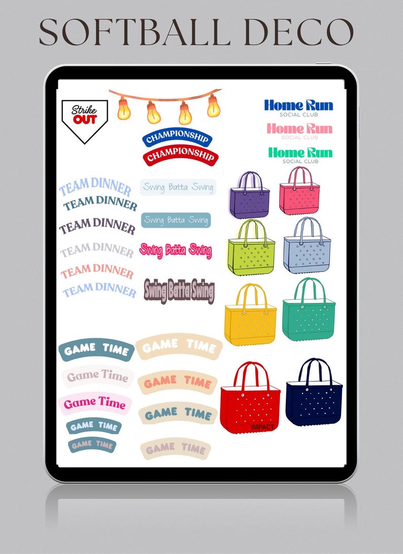 May include: A digital display with softball-themed designs. The image includes text such as "SOFTBALL DECO", "Strike Out", "Team Dinner", and "Home Run". There are also illustrations of handbags in various colours and text that says "Game Time".