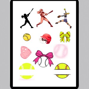 May include: Digital illustration with softball graphics. Includes player silhouettes, a softball, a helmet, a glove, and bows. The text "SOFTBALL DECO" is at the top of the image.