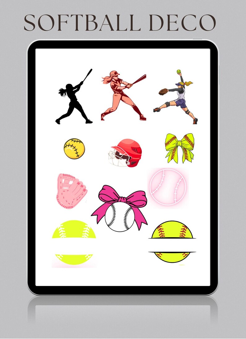 May include: Digital illustration with softball graphics. Includes player silhouettes, a softball, a helmet, a glove, and bows. The text "SOFTBALL DECO" is at the top of the image.