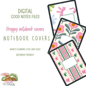 Puede incluir: Cubiertas de cuadernos digitales con diseños preppy. Tres tabletas muestran cubiertas con patrones florales, de lazos y de rayas. El texto dice "Digital Good Notes Files" y "Notebook Covers". La imagen también incluye un logotipo con un tigre.