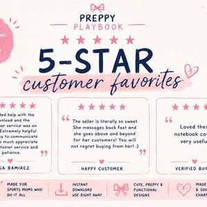 May include: A graphic display titled Preppy Playbook 5-Star customer favorites featuring three customer reviews with five-star ratings. The design includes pink hearts, a bow, and text boxes with testimonials from Olga Ramirez, a happy customer, and a verified buyer.