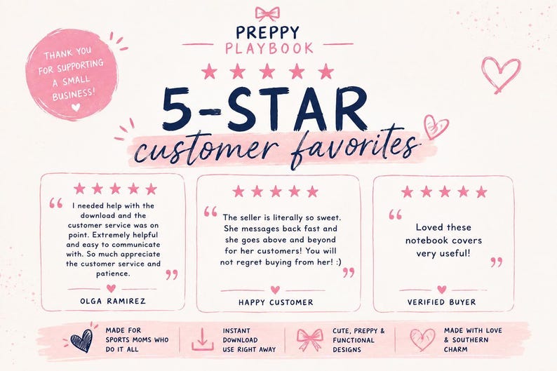 May include: A graphic display titled Preppy Playbook 5-Star customer favorites featuring three customer reviews with five-star ratings. The design includes pink hearts, a bow, and text boxes with testimonials from Olga Ramirez, a happy customer, and a verified buyer.