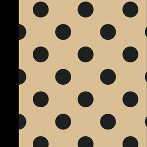 May include: A rectangular notebook featuring a tan cover with a repeating pattern of solid black polka dots. The left side of the notebook has a solid black vertical spine strip that runs the entire length of the cover, contrasting with the tan background.