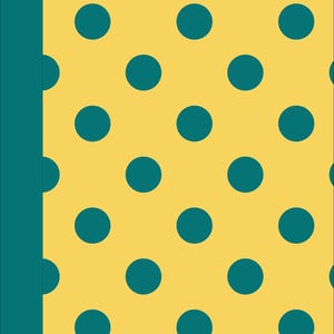 May include: A rectangular notebook cover featuring a repeating pattern of dark teal polka dots on a light yellow background, with a solid dark teal vertical spine strip running along the left edge of the front cover.