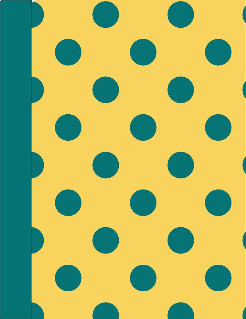 May include: A rectangular notebook cover featuring a repeating pattern of dark teal polka dots on a light yellow background, with a solid dark teal vertical spine strip running along the left edge of the front cover.
