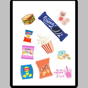 May include: Digital illustration of snacks including a sandwich, cookie, popcorn, crisps, and gummy sweets. The image also includes a drink and the text "MOM Fuel" and "SOFTBALL DECO".