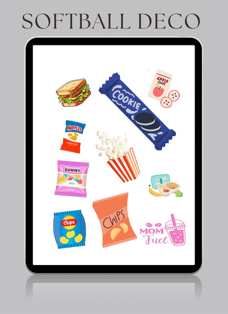 May include: Digital illustration of snacks including a sandwich, cookie, popcorn, crisps, and gummy sweets. The image also includes a drink and the text "MOM Fuel" and "SOFTBALL DECO".
