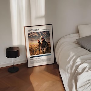 May include: A framed poster with a white background and black text. The poster features a scene from the anime "Jujutsu Kaisen" with two characters standing in a field. The text on the poster reads "Jujutsu Kaisen" and "Creator: Gege Akutami".