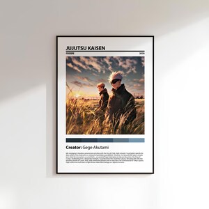 May include: A poster for the anime series "Jujutsu Kaisen" featuring two characters standing in a field at sunset. The text on the poster reads "Jujutsu Kaisen" and "Creator: Gege Akutami".