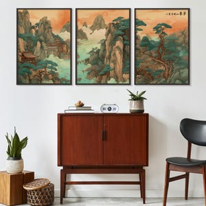 Chinese Art set of 3 Poster, Mountain Landscape Digital Art, Chinese Art, Oriental Style Paint, Home Wall Decor, Instant Download, Gift Idea