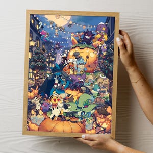 Pokemo Halloween Poster Decor, Japanese Cute Cartoon Digital Art, Anime Poster, Pokemo art, Kids Wall Decor, Instant Download, Gift Idea