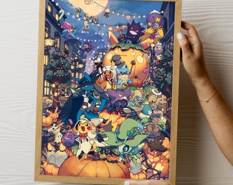 Pokemo Halloween Poster Dekor, japanische niedliche Cartoon digitale Kunst, Anime Poster, Pokemo Kunst, Kinder Wanddekor, Instant Download, Geschenkidee