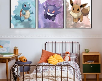 Pokémo Watercolor Art Print Set: Set of 3Anime Kids Room Decor (Digital Download)