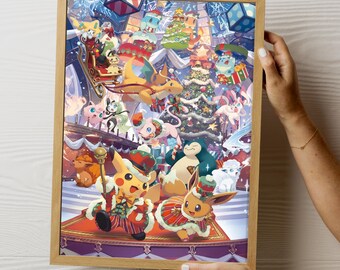 Pokemo Christmas Poster Decor, Japanese Cute Cartoon Digital, Anime Poster, Pokemo art, Kids Wall Decor, Instant Download, Xmas Gift Idea
