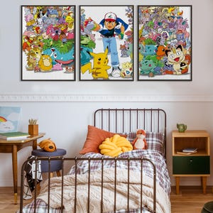 Pokemo Poster set of 3, Japanese Cartoon Pokemo Digital Art, Anime Poster, Pokemo art, Kids Wall Decor, Instant Download, Gift Idea