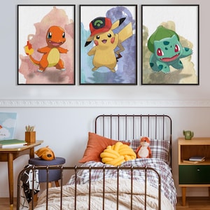 Pokemo Poster set of 3, Japanese Cartoon Pokemo Digital Art, Anime Poster, Pokemo art, Kids Wall Decor, Instant Download, Gift Idea